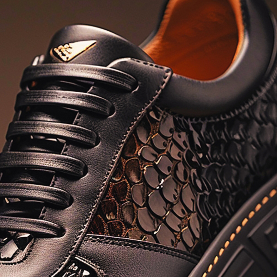 Black Embossed Leather Trainers